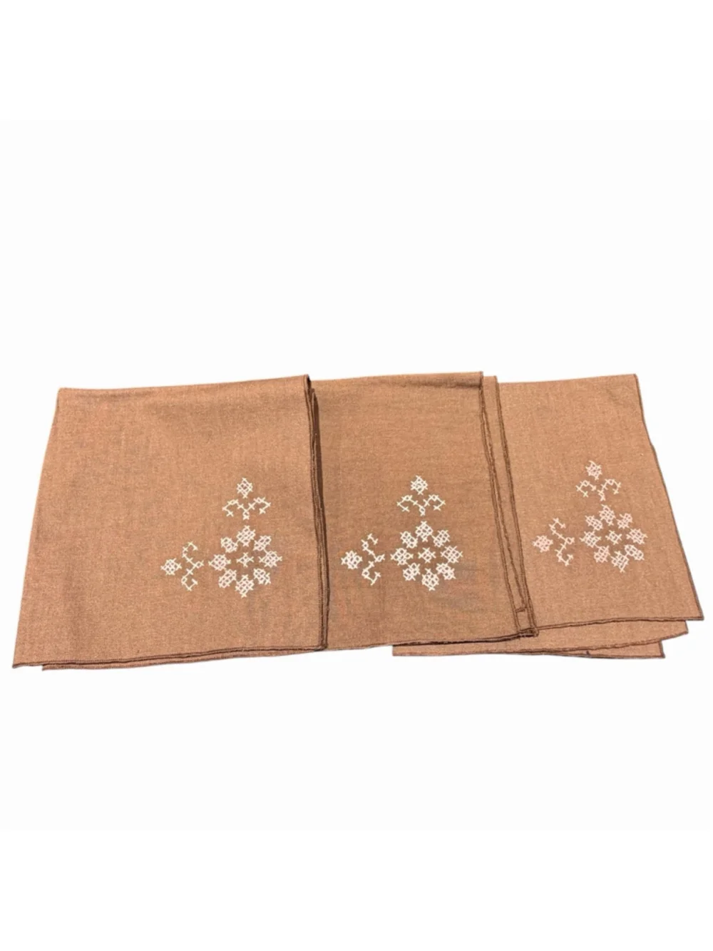 Vintage Set of 3 Brown Linen Embroidered Napkins Pink Cross Stitch Floral Table